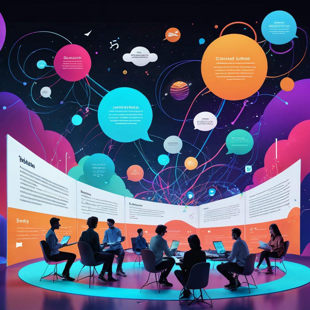 A futuristic digital landscape showcasing a vibrant online journal transforming into an interactive hub, with colorful connections between content creators and readers. Include holographic elements like writing tools, chat bubbles, and multimedia icons swirling around. A diverse group of people engaging with the content in a modern, tech-inspired setting. The overall mood should be energetic and inspiring. 3D. vibrant colors.