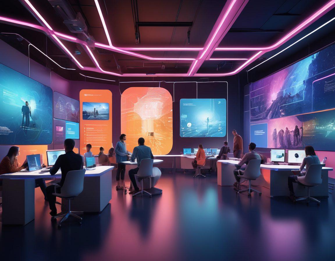 A futuristic digital landscape displaying a vibrant community hub with interconnected bloggers sharing ideas and experiences. The scene features diverse characters engaged in discussions, surrounded by glowing screens showing blog posts and data flow. Incorporate elements of social media icons and a sleek, tech-inspired design to visualize transformation. The color palette should be bright and inviting, with dynamic lighting highlighting the collaborative spirit. super-realistic. vibrant colors. futuristic design.