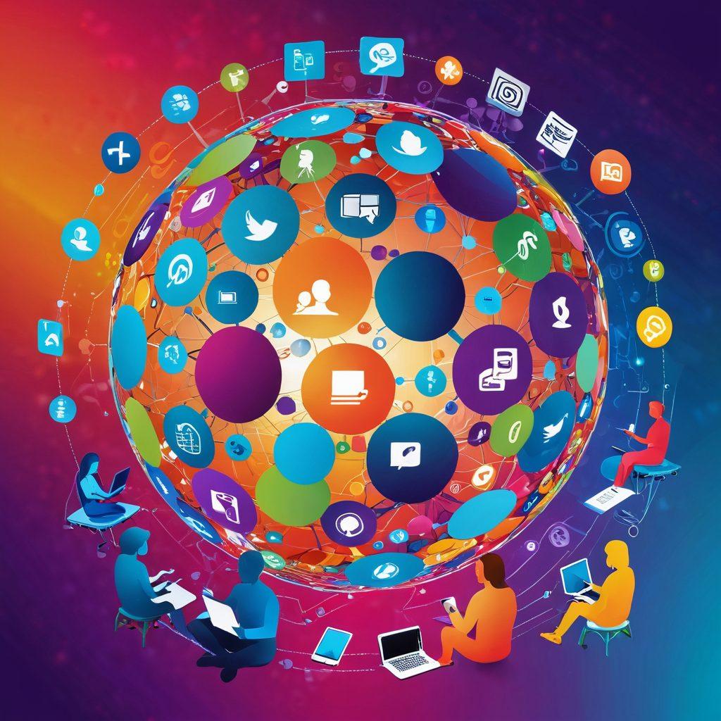 A vibrant, interconnected digital sphere symbolizing collaboration, featuring diverse people engaging with each other through modern technology like tablets and smartphones. Bright colors blend seamlessly, illustrating dynamic communication and connection. Include elements like floating blog posts and social media icons to enhance the theme of revolutionizing the blogosphere. abstract art. vibrant colors. digital style.